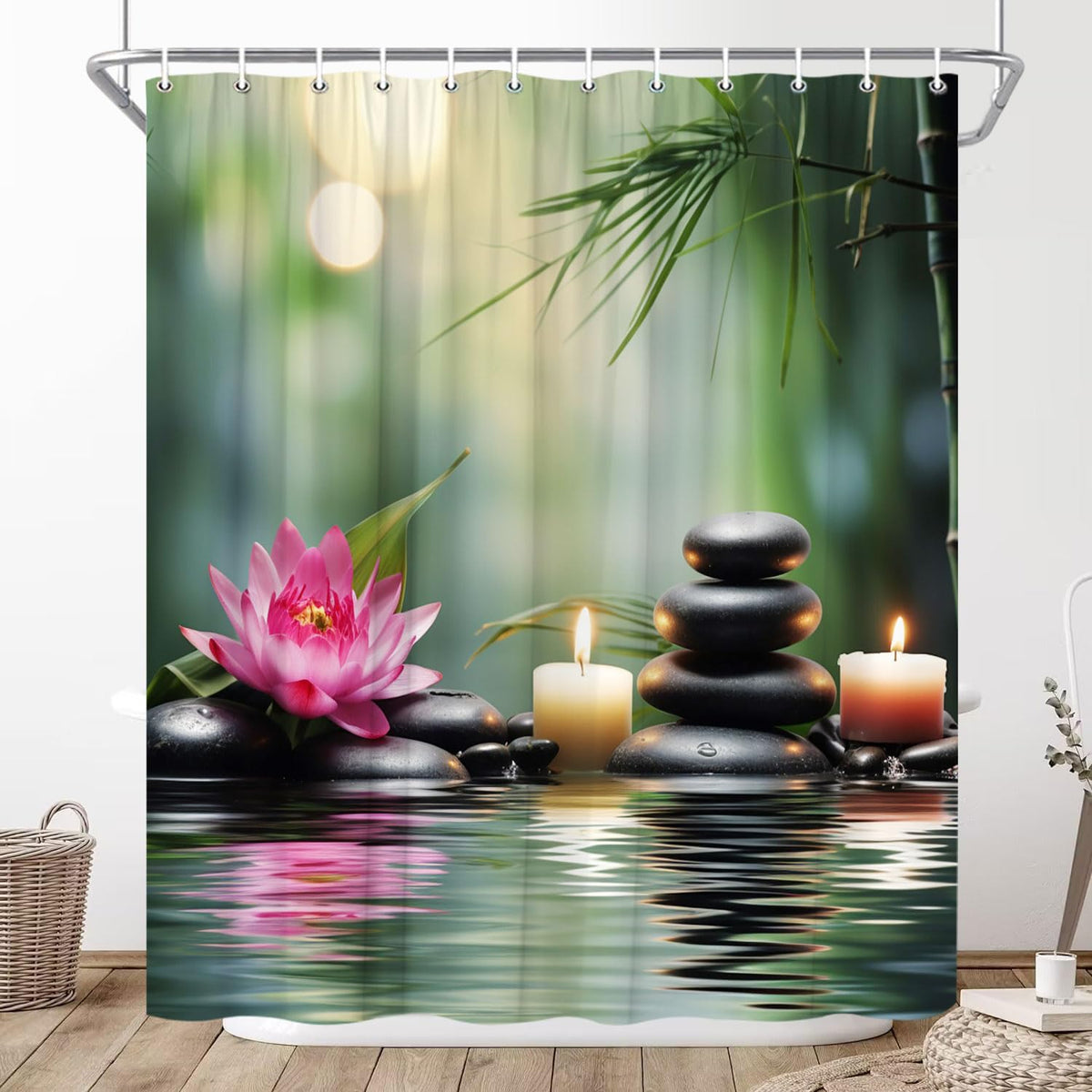 Zen Shower Curtain Asian Zen Stone Lotus Floral Water Ripple Spa Relaxation Elegant Rustic Plant Wildflower Bathroom Decor Curtains 70x78 inch with Hook (70"W x 78"L (Pack of 1))