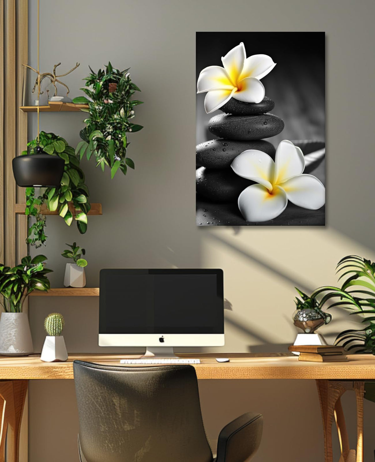 Zen Wall Art Black and White Picture Canvas Print Spa Stone Painting Frangipani Flower Poster Minimalism Artwork for Spiritual Room Bathroom Living Room Office Home Decor (18"L x 12"W / E - Black and White)