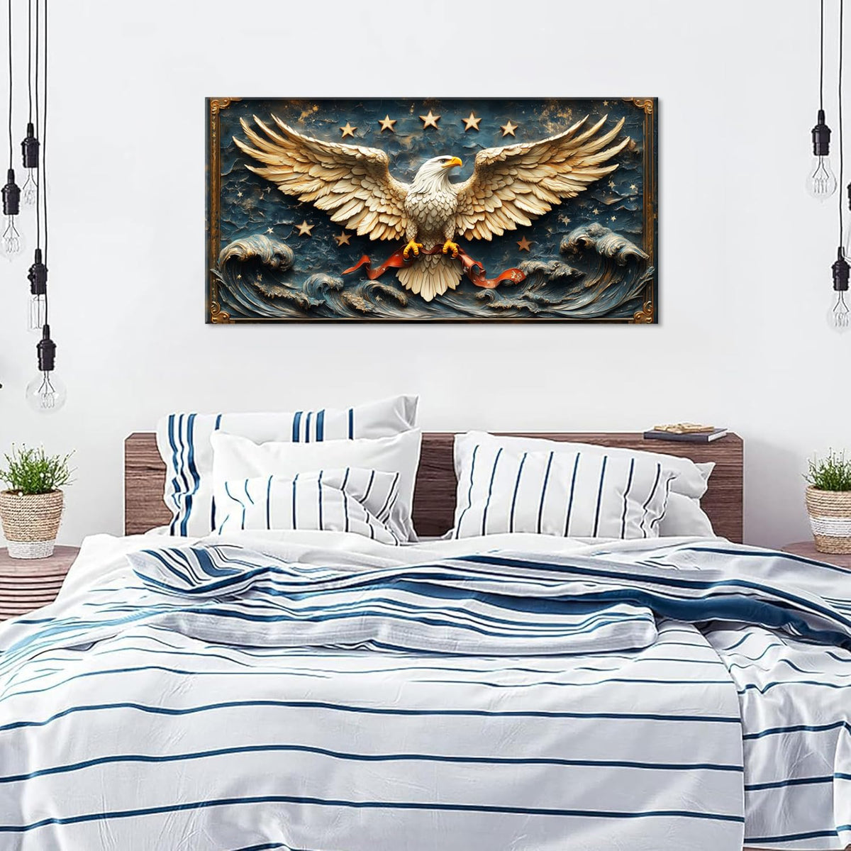 Gold Eagle Wall Art for Living Room Office Relief Sculpture Patriotic Symbol Baroque Ornamental Painting Prints Classic Canvas Artwork Dining Bedroom Decor Large (Baroque / Eagle Relief Sculpture Wall Art / 46L" x 23W")