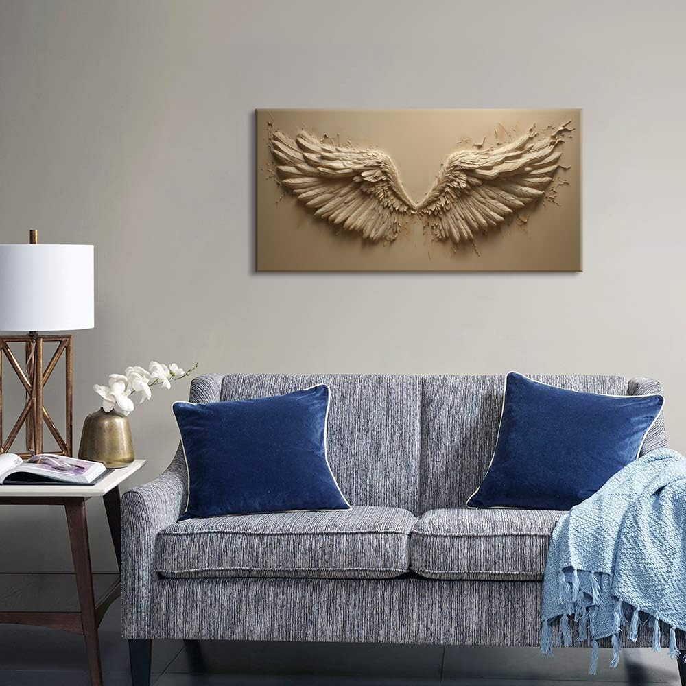 Earthy Beige Angel Wings Wall Art for Living Room Office Fantasy Texture Earthy tan Angel Wings Painting Prints Abstract Canvas Artwork Dining Bedroom Decor Large (Abstract / Earthy Beige Angel Wings Wall Art / 46"L x 23"W)