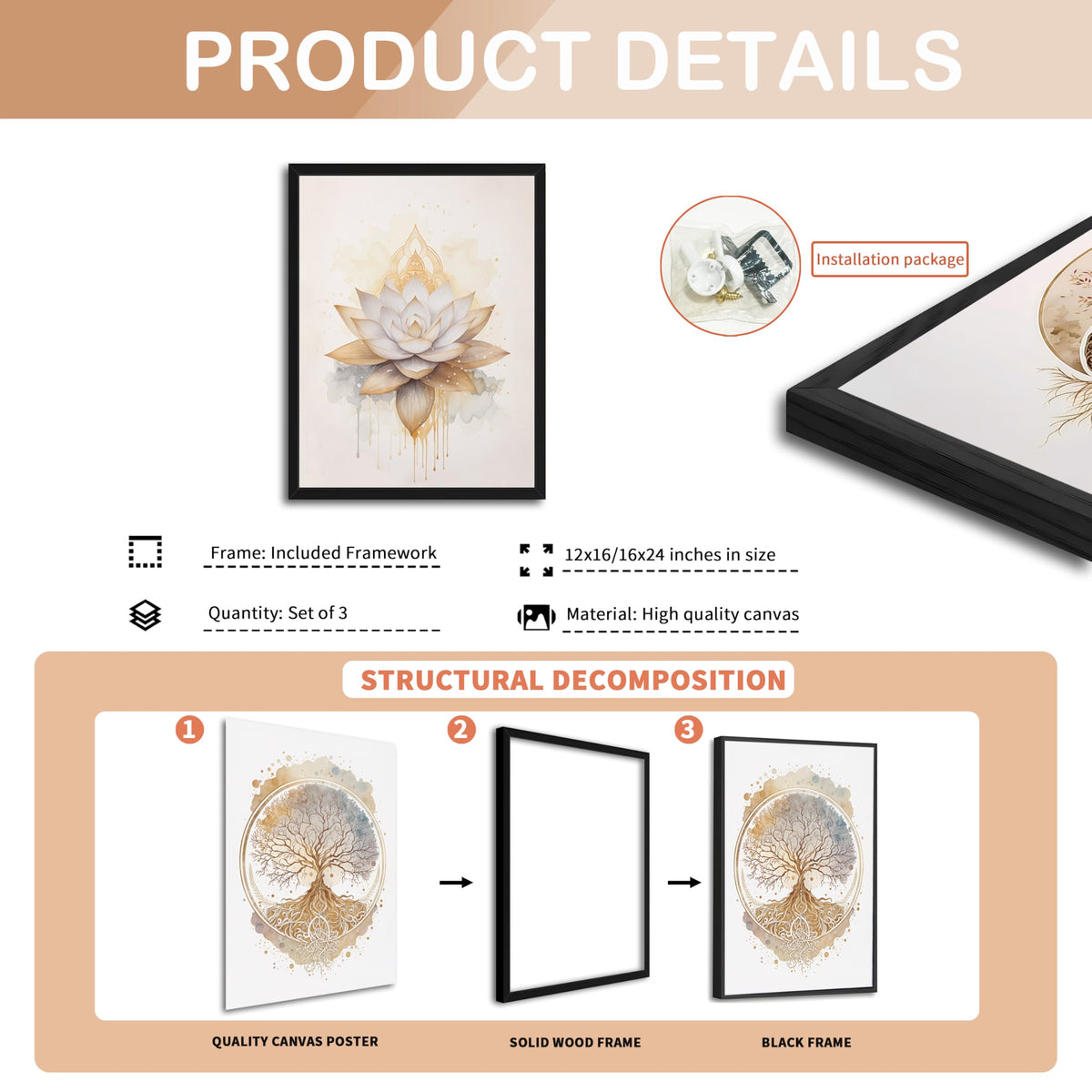 Wood Framed Tree of Life Wall Art Set of 3 (Golden Tree of Life / 16"L x 12"W)