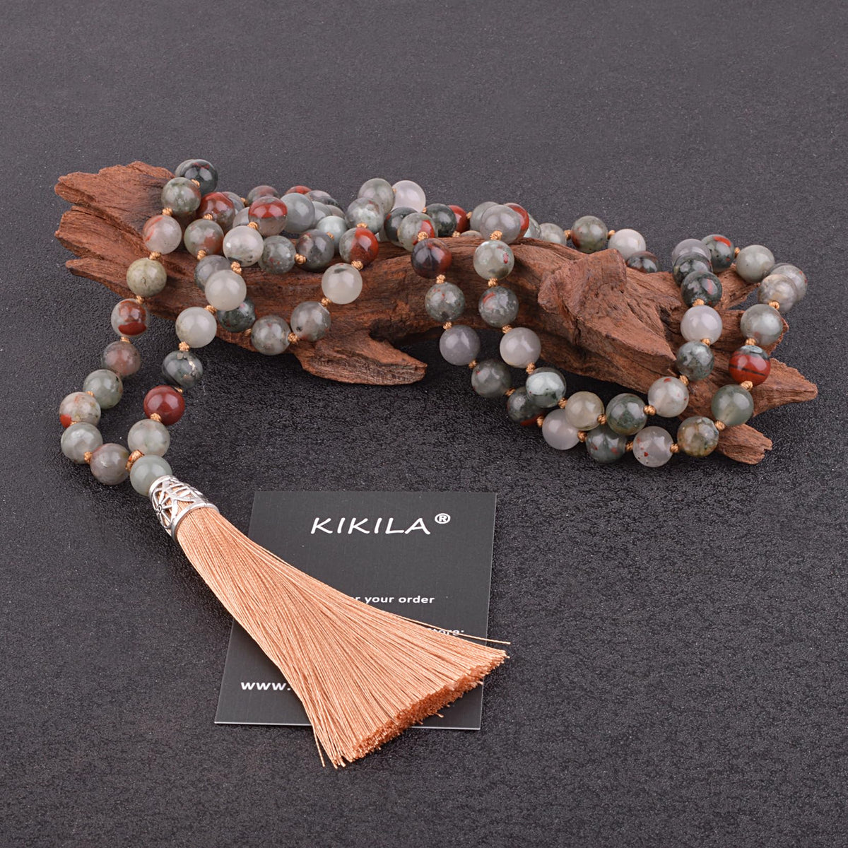 Mala Beads 108 Natural Stone GemStones Japamala Yoga Meditation Hand Knotted Beaded Tassel Necklace for Women Men (Bloodstone)