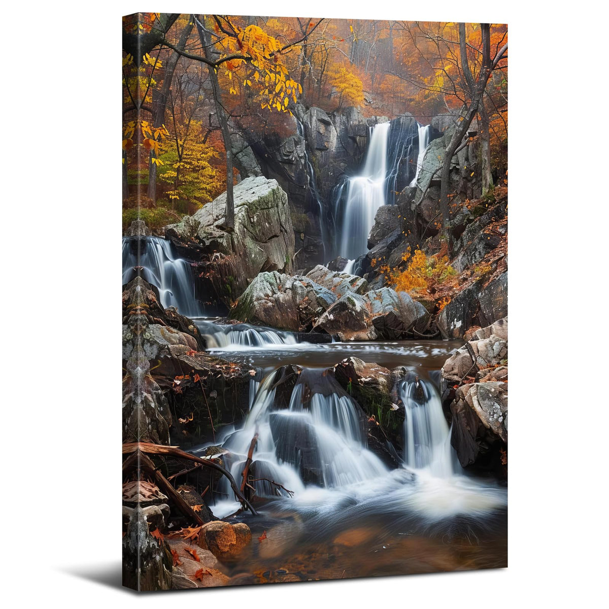 Nature Waterfall Wall Art Mountain Pictures Wall Decor National Park Posters Orange Forest Trees Pictures Autumn Stream River Canvas Painting Artwork for Bathroom Living Room Home Decoration 16x24" (24"L x 16"W / Fall Waterfall01)