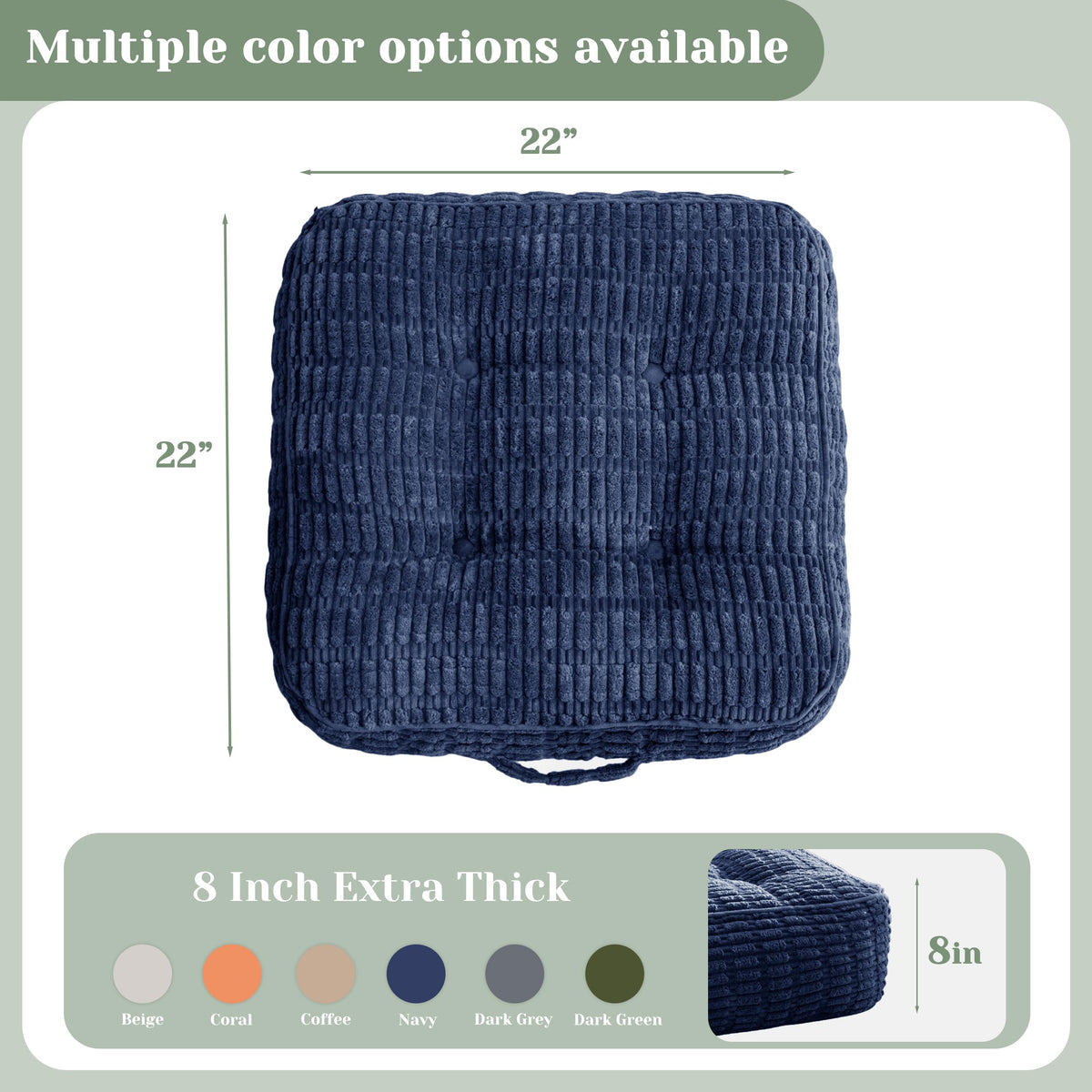 8" Floor Pillow Cushion for Adults (Square Navy / 8" Thick(Pack of 2))