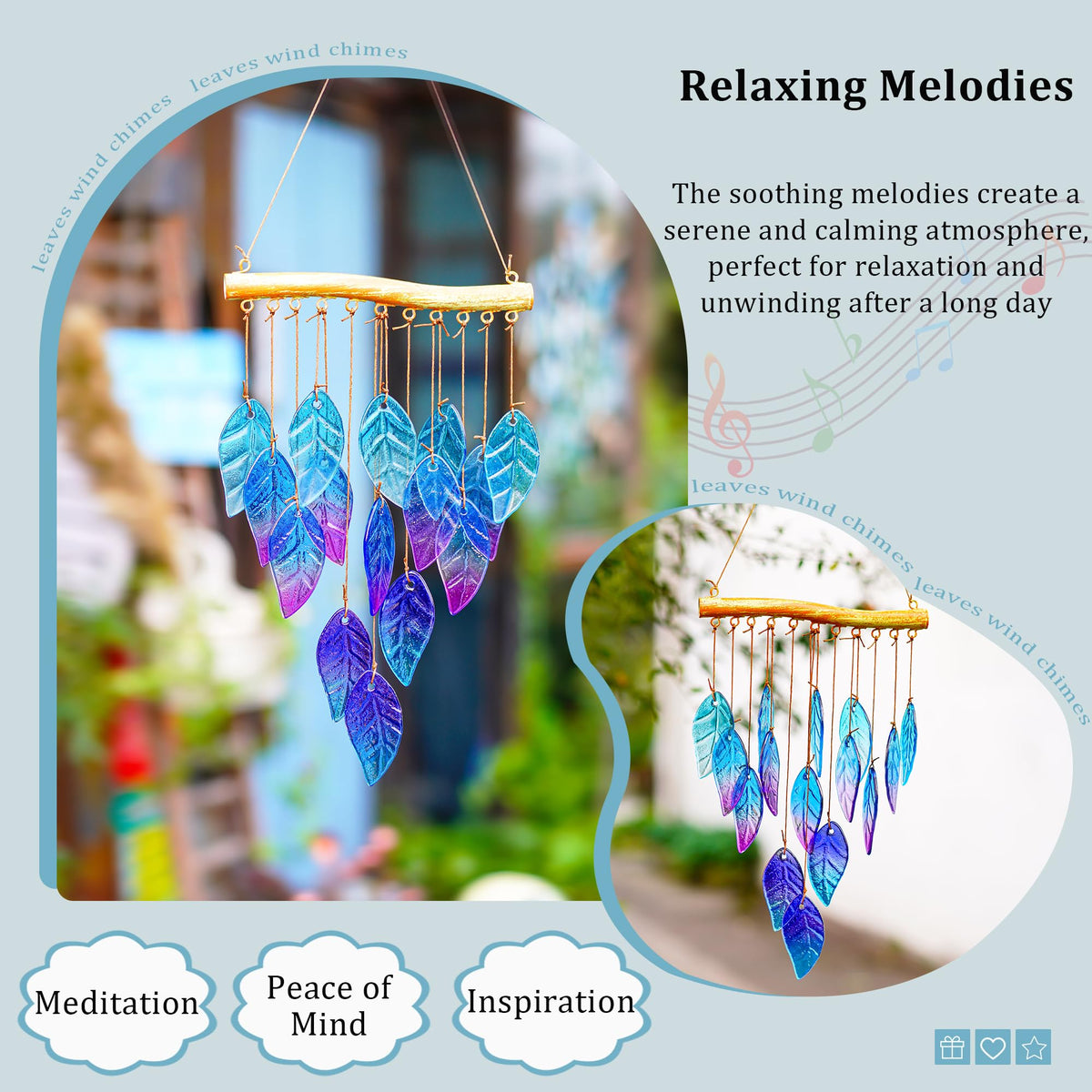 12.5 Inch Handmade Stained Glass Leaf Wind Chimes Window Decor (20in-Blue Leaves)
