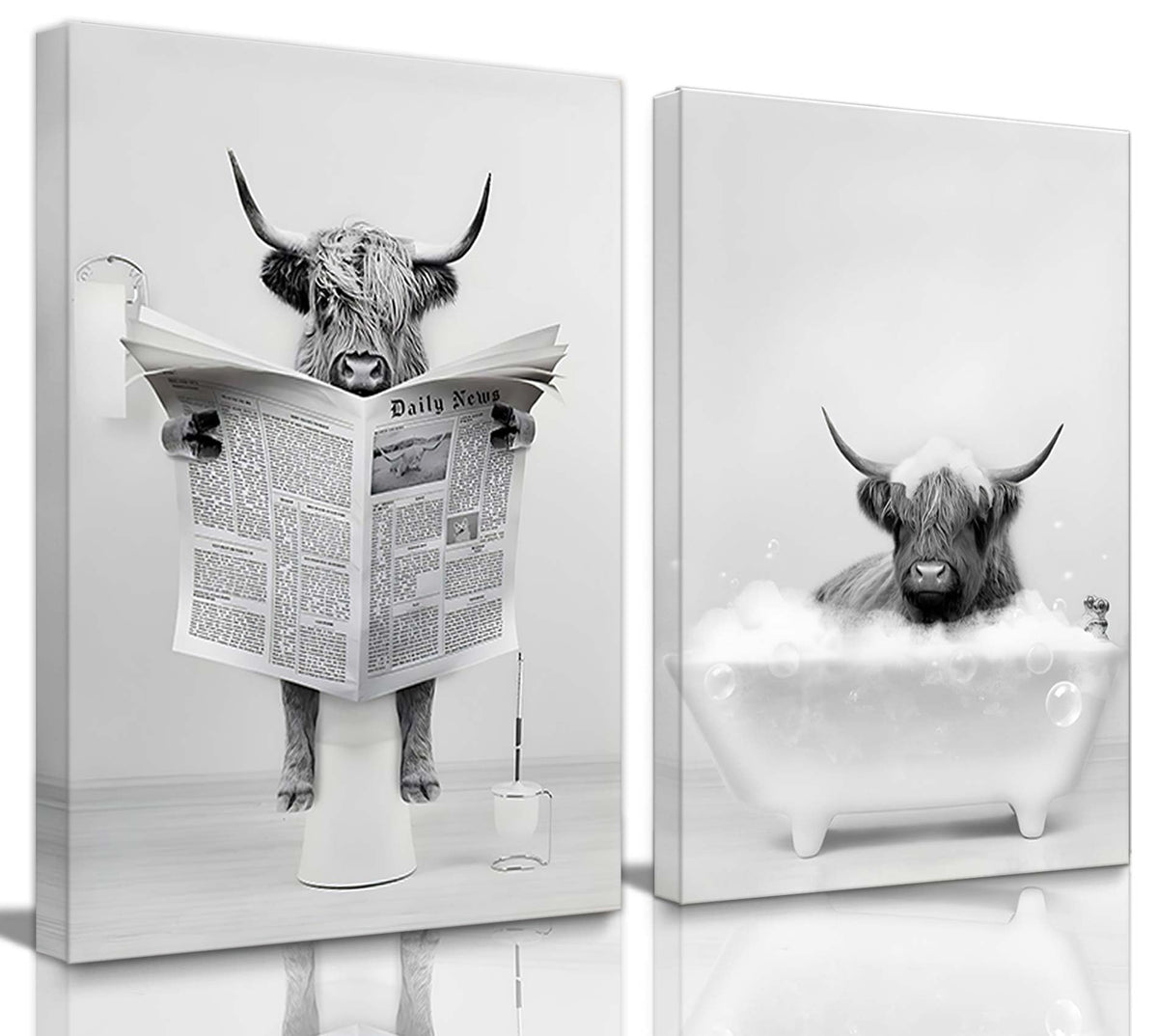 Funny Highland Cow Bathroom Wall Art Farmhouse Animal Canvas Prints Decor (cow wall art / 16"L x 12"W)