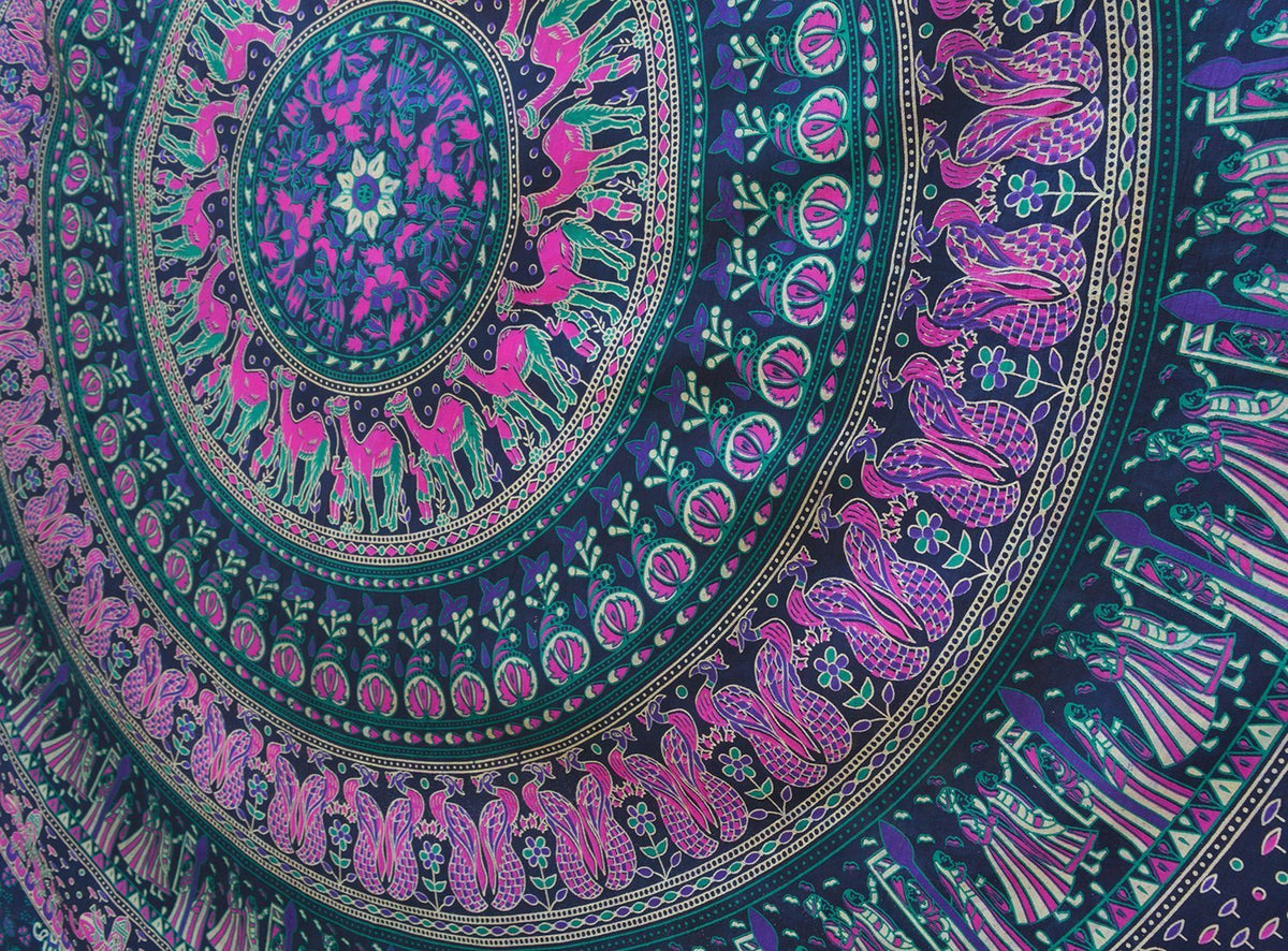 Tapestry Wall Hanging Hippie Mandala Bohemian Hippy Psychedelic Intricate Floral Design Indian Tapestries Bedspread 84 x 90 Inches (54"L x 84"W / Blue Pink)