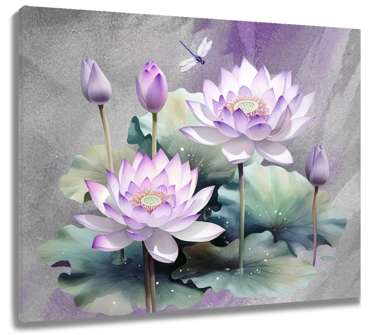 Zen Wall Art Purple Water Lily Flower with Dragonfly Green Leaf Plant Wall Art for Living Room (Purple / 16"L x 20"W)