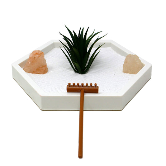 Mini Zen Garden Kit for Desk with White Sand (Hexagon)