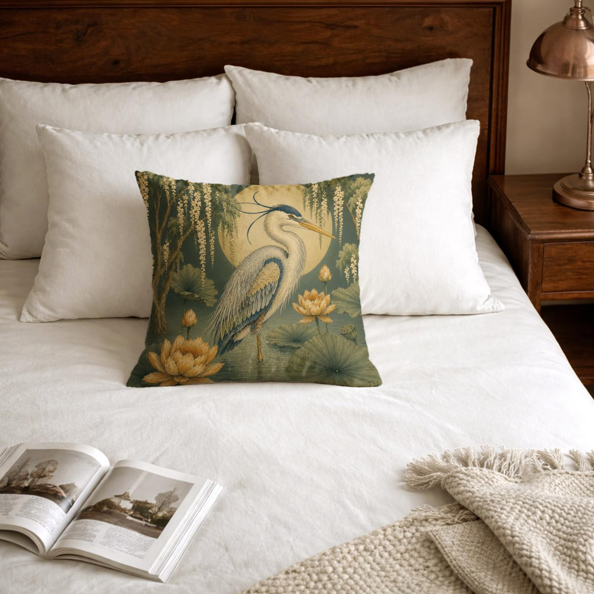 Vintage Great Blue Heron Pillow Cover 18x18 (White-blue Heron Bird 21)