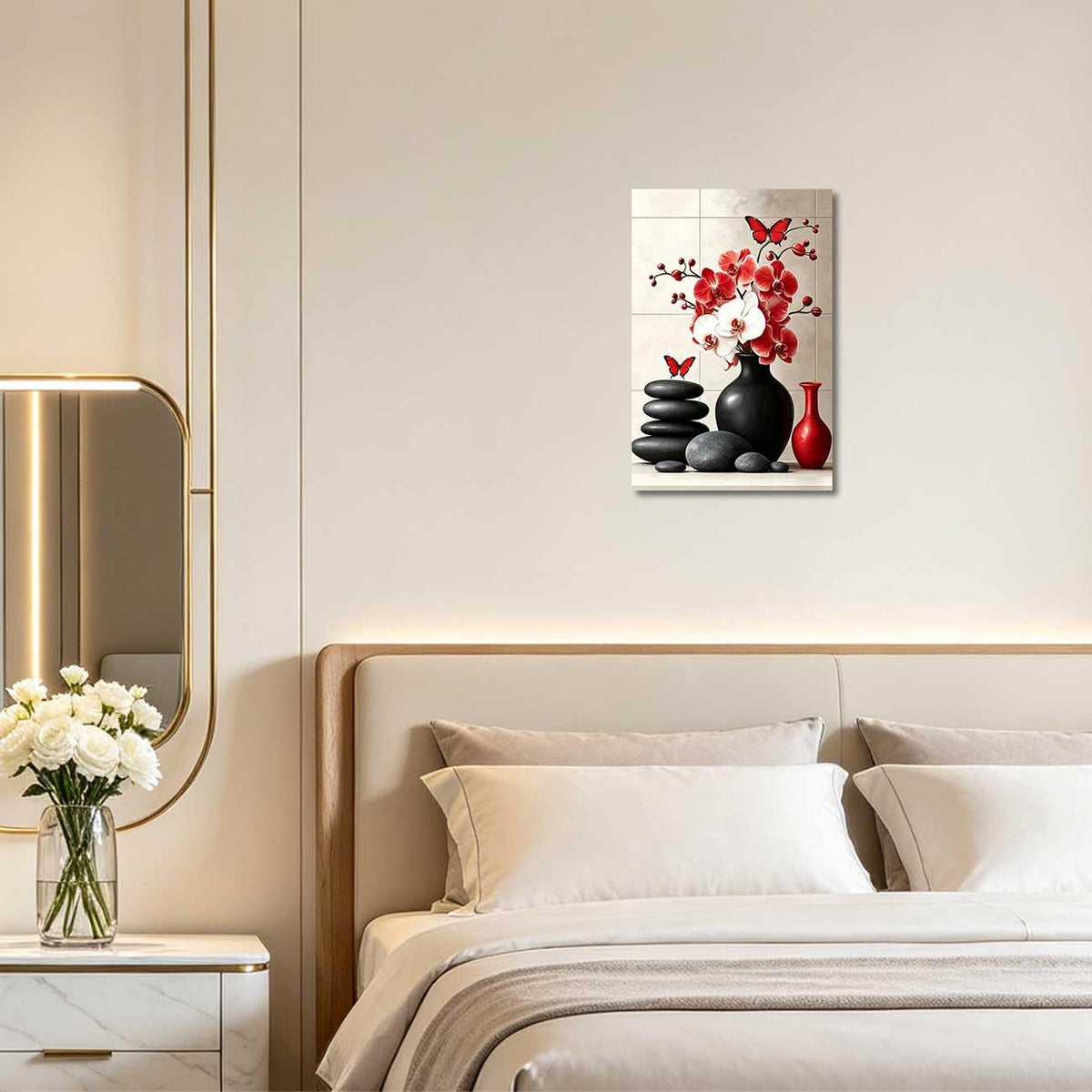 Orchid Flower Canvas Wall Art Zen Bathroom Pictures Prints Spa Stone Butterfly Wall Decor Black White Yoga Meditation Paintings for Living Room Bedroom (Red / 30"L x 20"W)