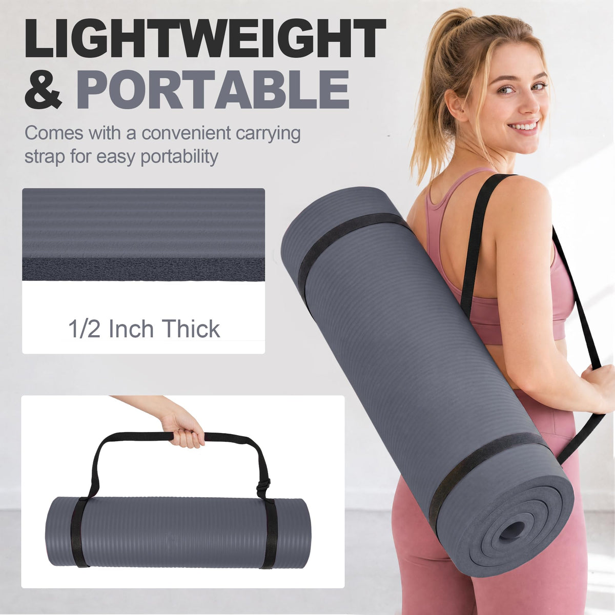 1 2"Thick Yoga Mat (Graphite / 71"L x 24"W x 0.5"Th)