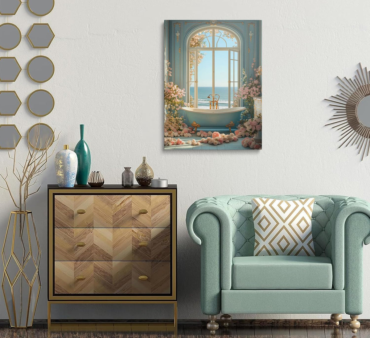 Coastal Blue Bathroom Canvas Wall Art Framed Floral Ocean Decor 16x24 Inch (Bathtub / 24"L x 16"W)