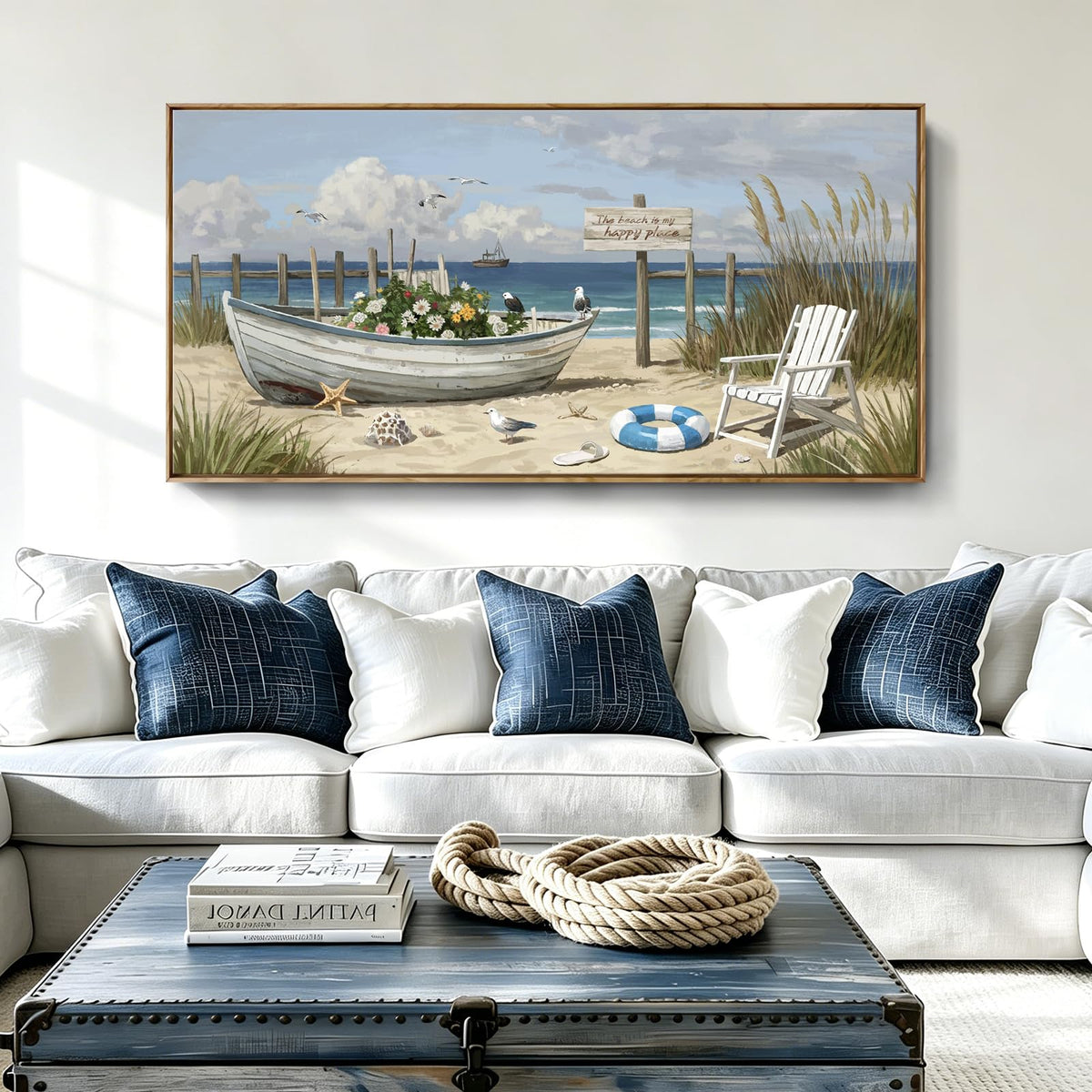 Large Framed Modern Canvas Wall Art (Seaside Boat Wall Art / 48"Lx24"W（Framed）)