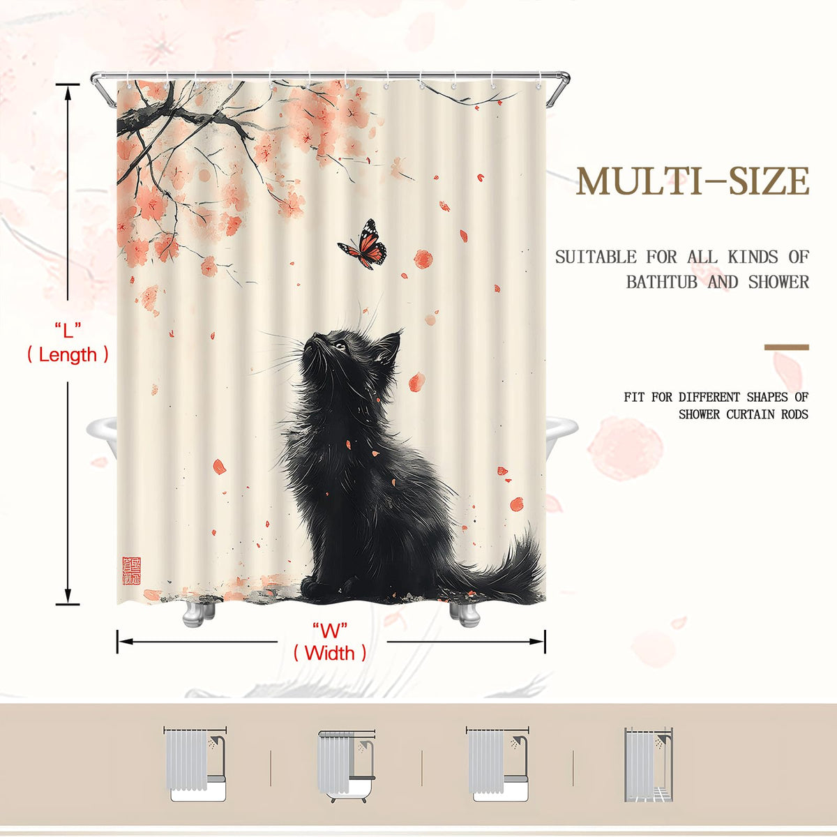 Japanese Floral Shower Curtain Black Cat Pink Cherry Blossom Plum Blossom Butterfly Vintage Asian Watercolor Spring Flower Abstract Art Bathroom Decor Set with Hooks (70" W x 80" L)