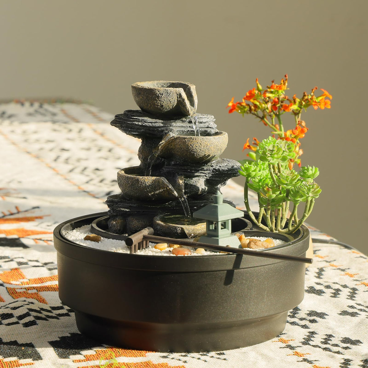 Indoor Tabletop Water Fountain with LED Lights & Pagoda (Gray_rock / 8.5 Inch)