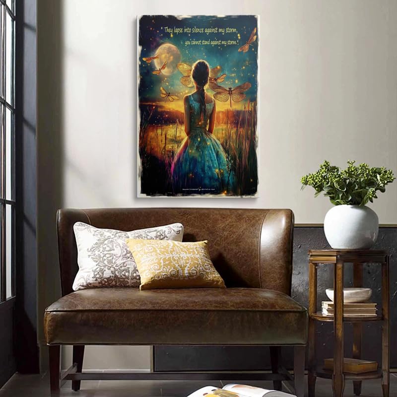Framed Girl Moon Canvas Wall Art Dragonfly Inspirational Decor 16x24 Inches (Moon Girl / 24"L x 16"W)