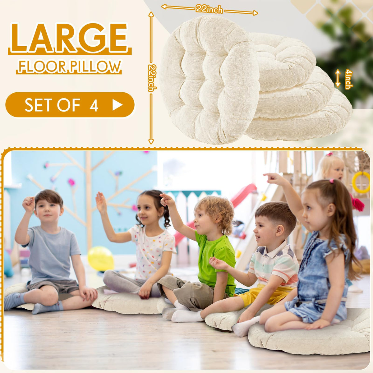 4 Pcs Beige Large Floor Pillow Cushion (Round 22 x 22 / Beige)