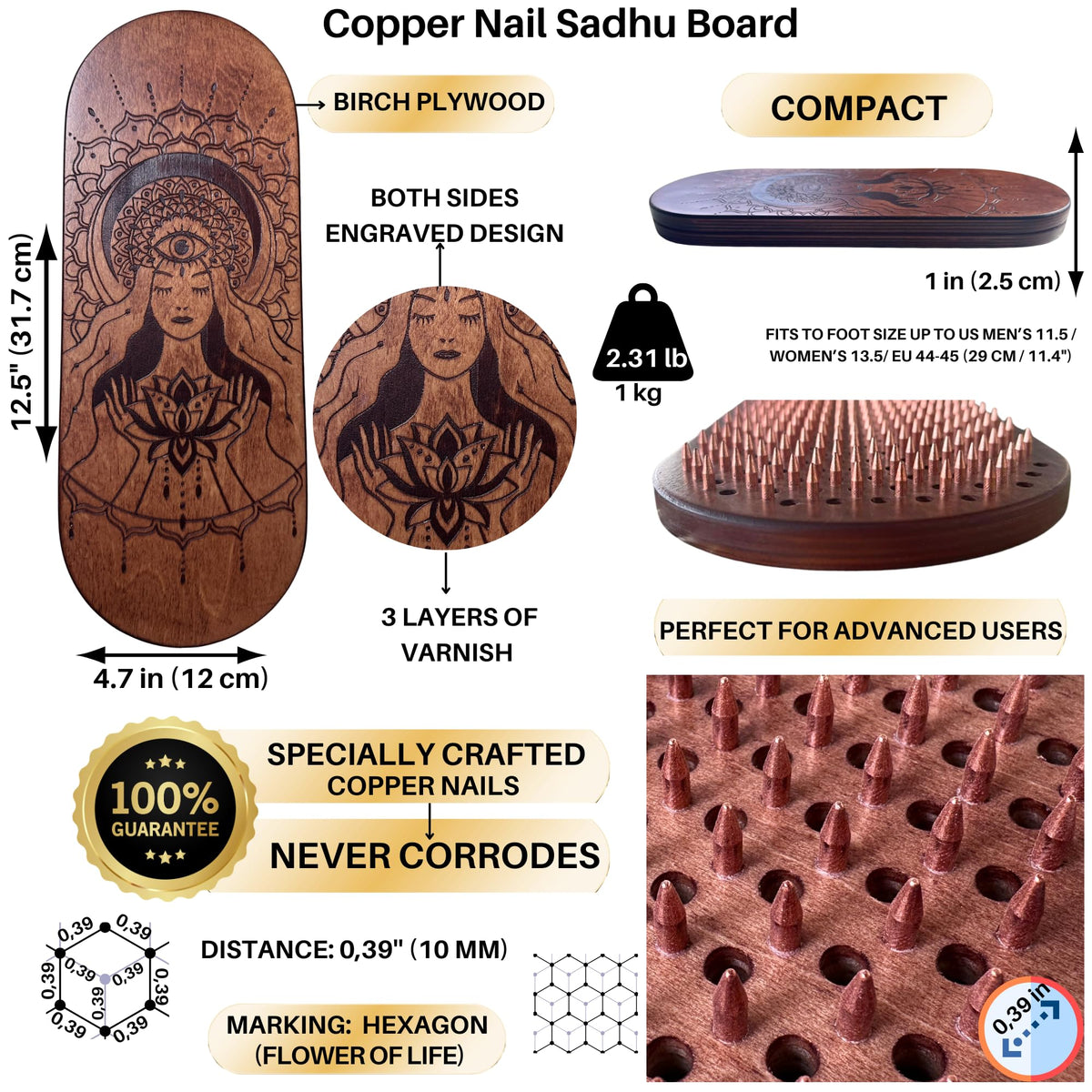 Sadhu Board Specially Crafted Copper Nails (Lotus Flower Brown)