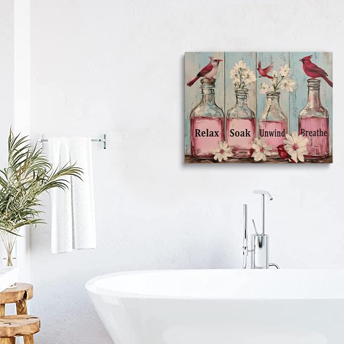 Framed Rustic Rustic Floral Cardinal Bathroom Decor Pink Flower Canvas Wall Art (Light purple / 24"L x 16"W)