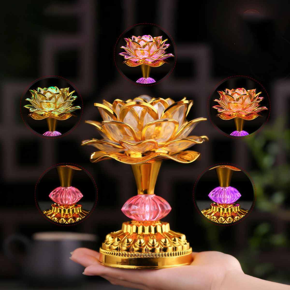 Colorful LED Lotus Buddhist Lamp (Golden)