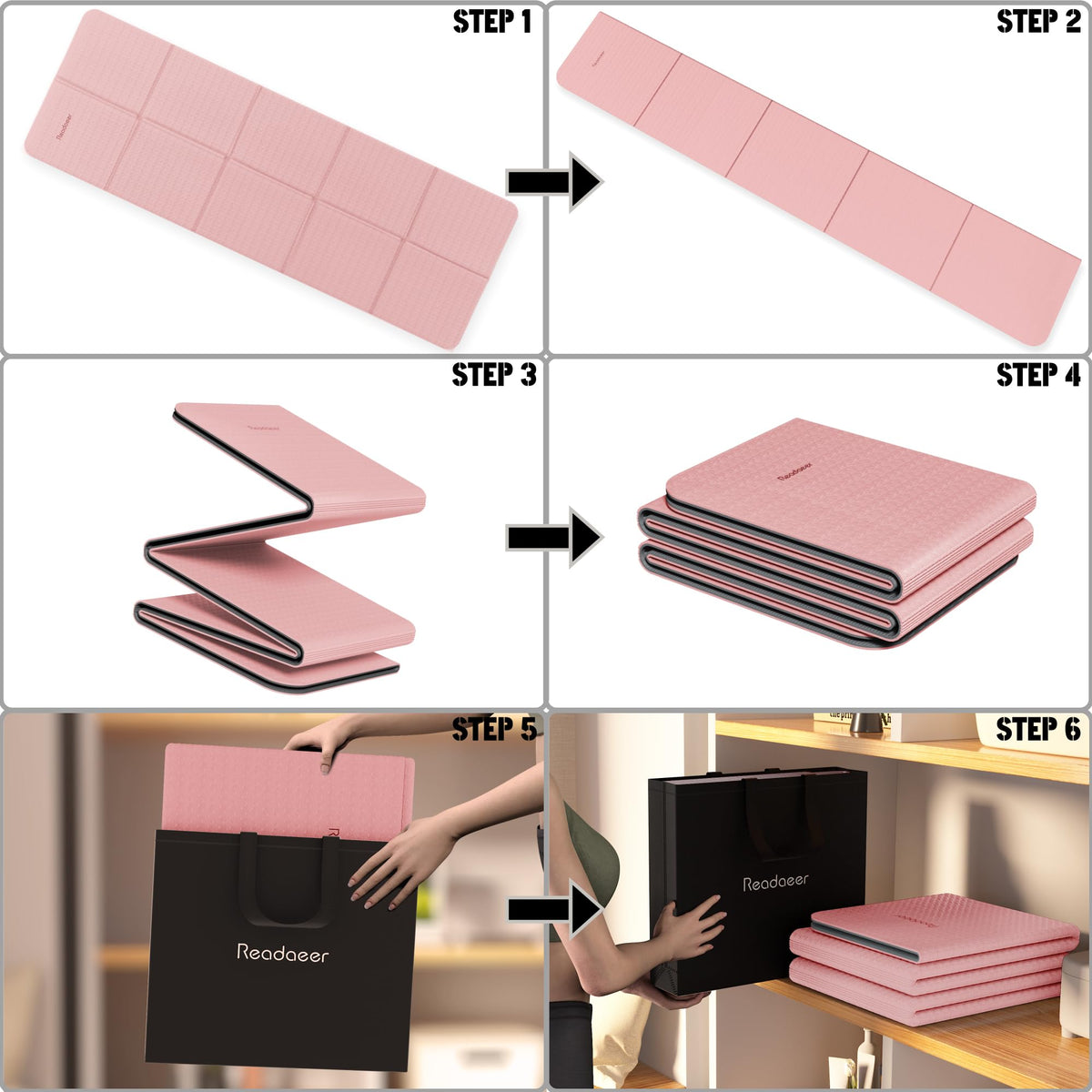 Foldable Yoga Mat for Travel Folding Yoga Mat 6mm Thick with Carrying Bag (Pink)