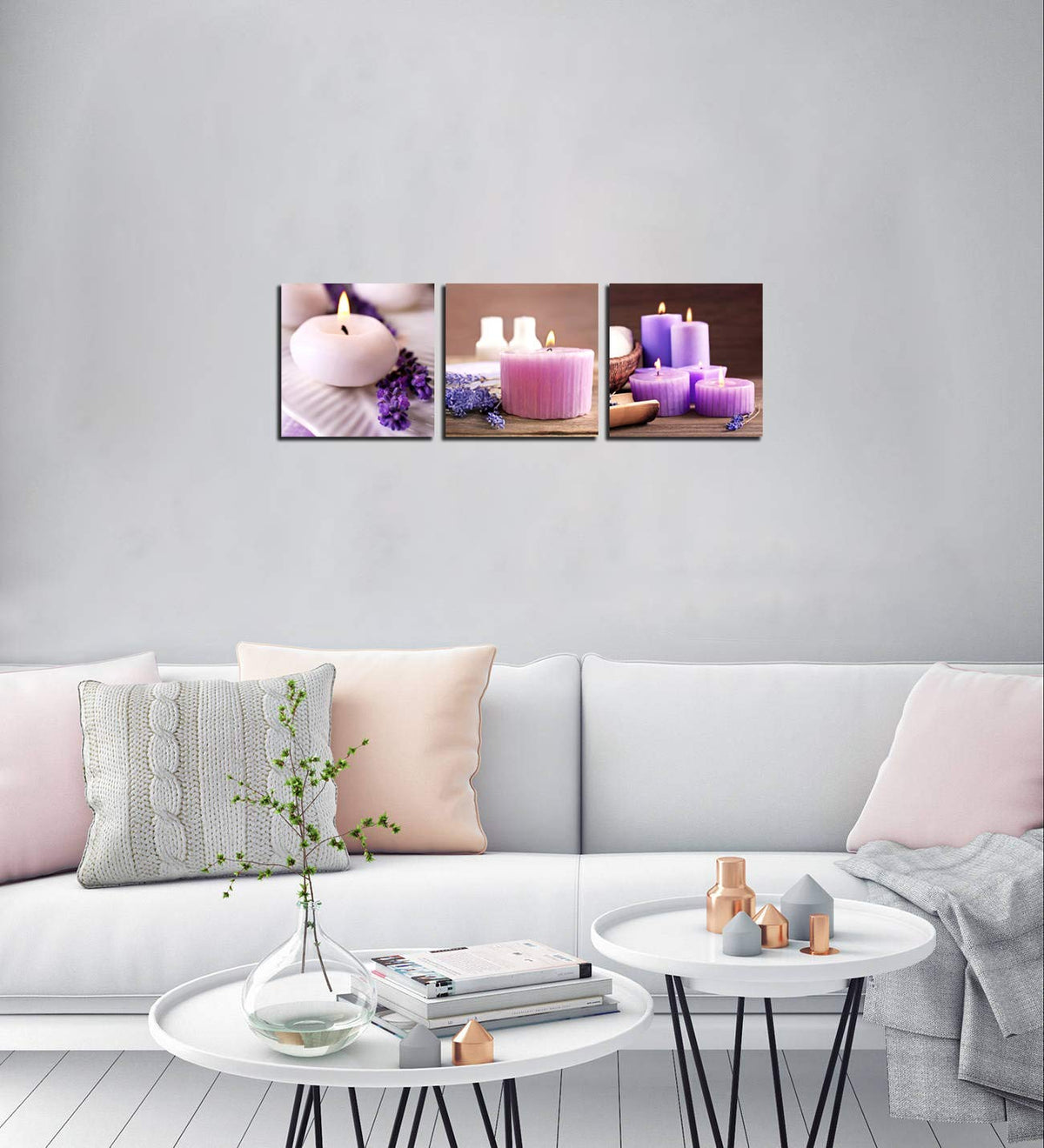 Zen Canvas Wall Art Spa Still Life With Purple Aromatherapy Candles And Zen Stone Aroma Lavender Flower Painting Pictures Print on Canvas Ready to Hang for Bathroom Decoration (16X16inchX3pcs / lavender candles)
