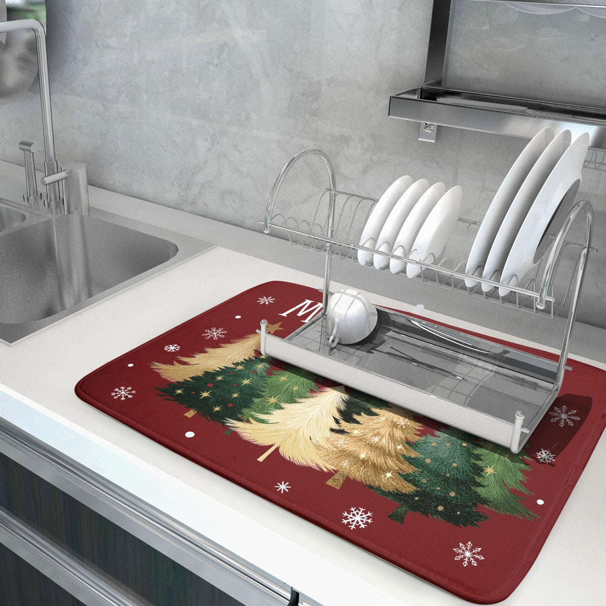 Xmas Tree Red Dish Drying Mat for Kitchen Counter (Xmas Tree Red / 18" x 24")