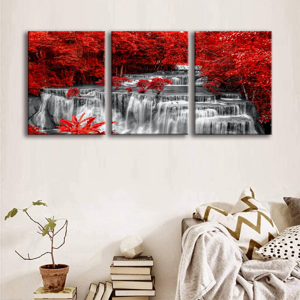 Black White and Red Waterfall Canvas Wall Art Forest Paintings Waterfall Artwork for Wall Print Landscape Wall Picture for Living Room Wall Decor Large Framed Wall Art (Black White Red3 / 16"x24"inches x 3 pcs)