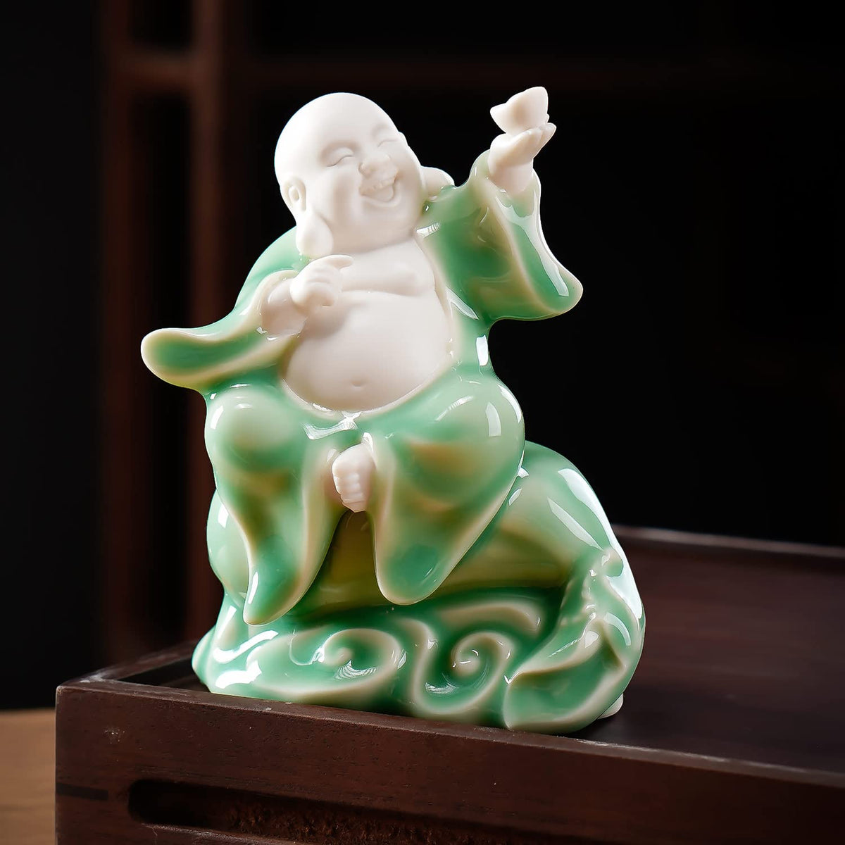 Small Green Fat Laughing Buddha Statue for Good Luck (Money Buddha)