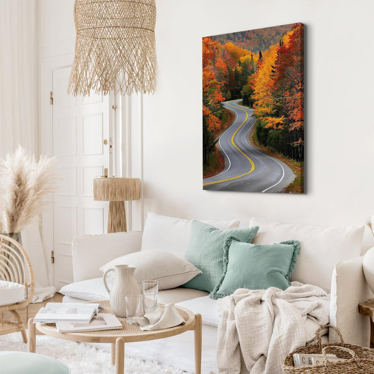 Large Forest Wall Art Autumn Mountain Pictures Wall Decor for Living Room Farmhouse Country Road Landscape Canvas Prints Nature Red Orange Woodland Artwork for Kitchen Office Home Decoration 24x36" (36"L x 24"W / Fall Road)