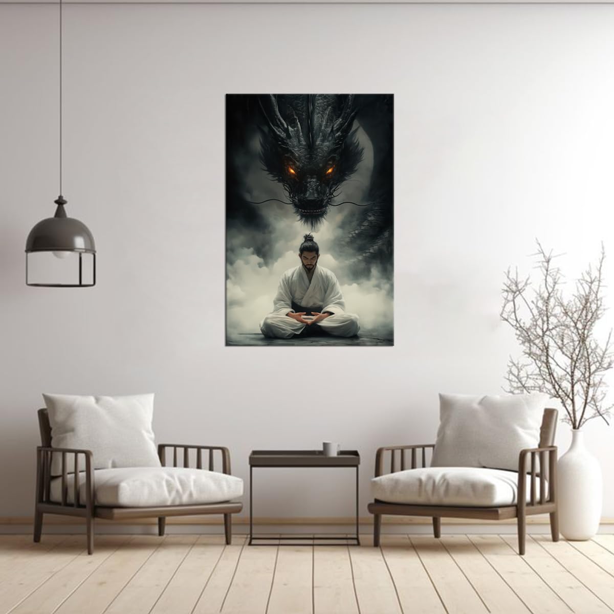 Meditating Samurai & Black Dragon Canvas Wall Art (24"L x 36"W / Samurai6)