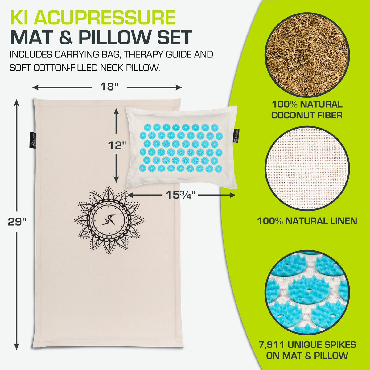 Fit Ki Acupressure Mat and Pillow Set with 100% Natural Linen and Coconut Fiber Filling; Spike Mat for Back and Neck Pain Relief (Natural Aqua)