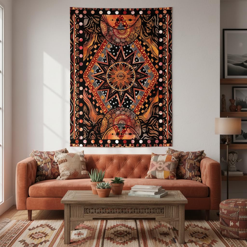 Orange Sun and Moon Tapestry Wall Hanging (Orange / 60"L x 50"W)