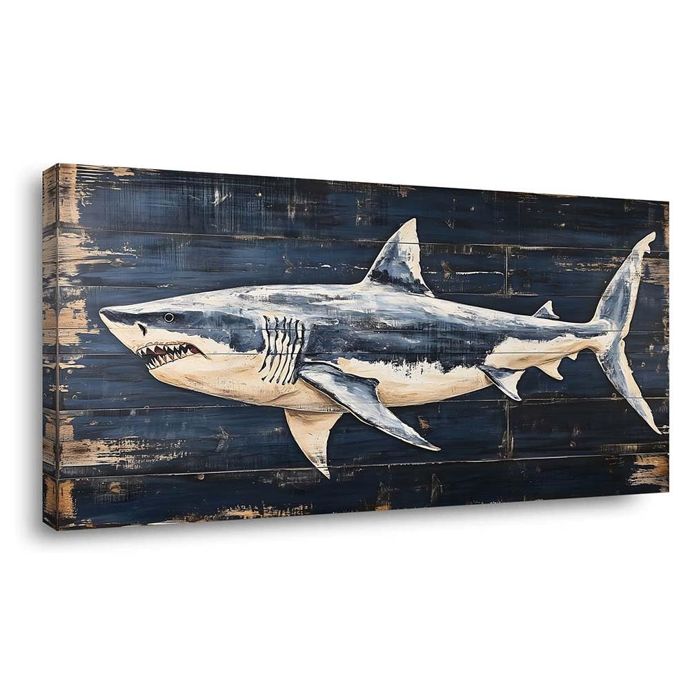 Rustic Great White Shark Canvas Wall Art Faux Wood Plank Painting Flat Print Gallery Wrapped Nautical Coastal Artwork for Living Room Bedroom Bathroom Decor (Retro / Great White Shark 12 / 46"L x 23"W)