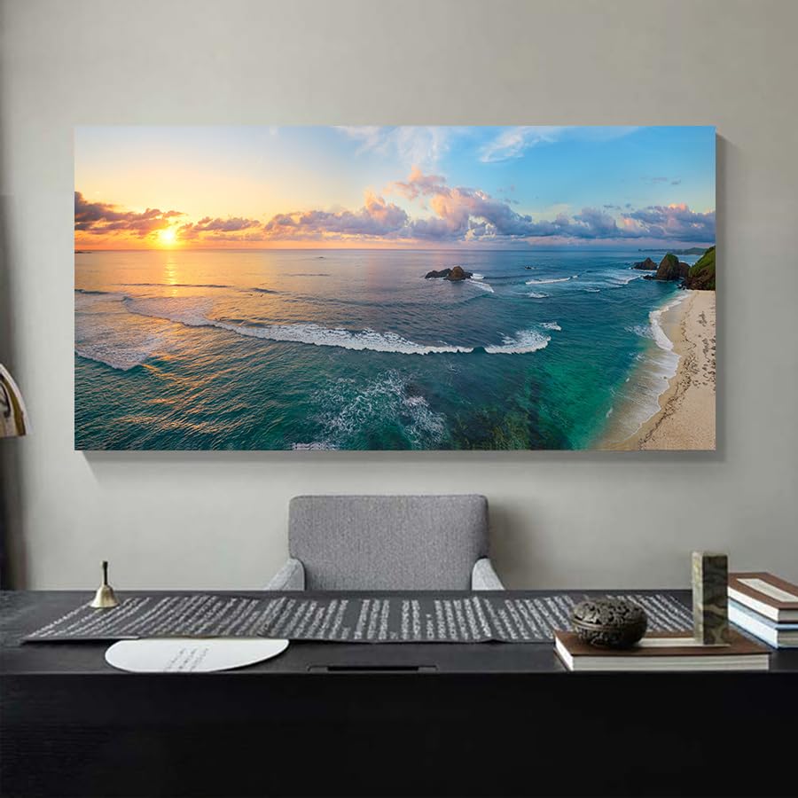 Large Pictures for Living Room Wall Decor Bedroom Coastal Wall Art Sunset Beach Painting Ocean Poster Room Decor Office Artwork Seascape Prints Framed Modern Bathroom Home Decorations (AcoatL / 48"L x 24"W)
