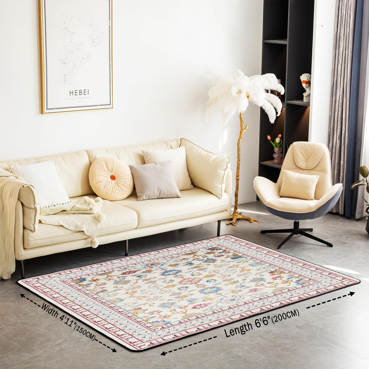 Boho Area Rug 5x7 Vintage Floral Art Deco (Pink Beige / 4'11" x 6'6" (Rectangular))