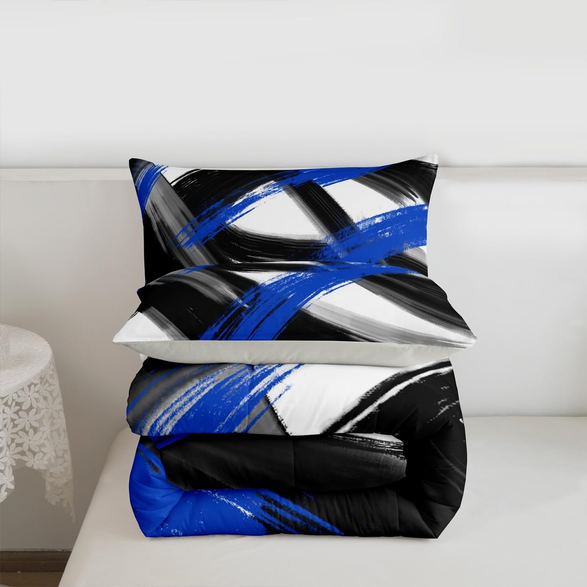 Black Blue Comforter Set Queen Size Abstract Geometric Bedding Set for Boys Girls Modern Minimalist Duvet Quilt Room Decor Breathable Soft Microfiber All Season 3Pcs with 2 Pillow Cases (Multi 45688 / Queen)