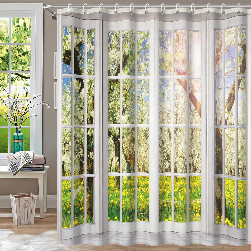 72x72inch Spring Sunrise Scenery Shower Curtain Sets French Style European White Curtain Bath Curtain for Bathroom Natural Scenery Floral Plants Outside Window Bathtub Stall Decor with Hooks (72"W x 72"L (Pack of 1) / Green02)