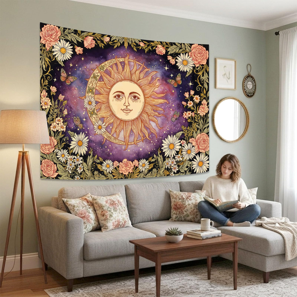 Vintage Sun and Moon Boho Purple Daisy Floral Tapestry 60 x 44 Inch (Purple Sun Rose / 60"L x 44"W)