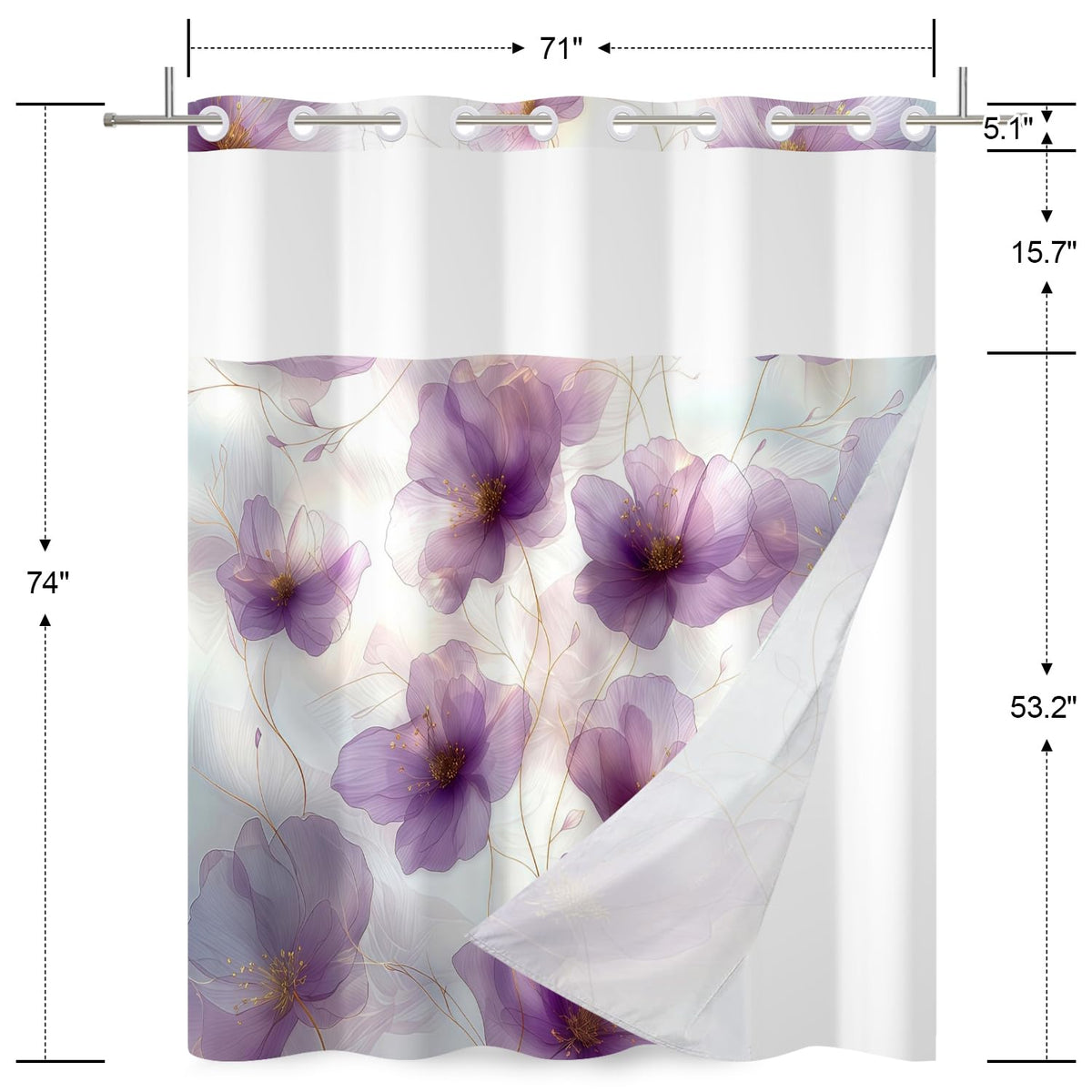 No Hook Flower Shower Curtain with Snap in Liner Set Purple Floral Shower Curtains Modern Arch Pattern Waterproof Fabric Machine Washable Bathroom Hotel Decorative 71x74 Inch (Purple2)