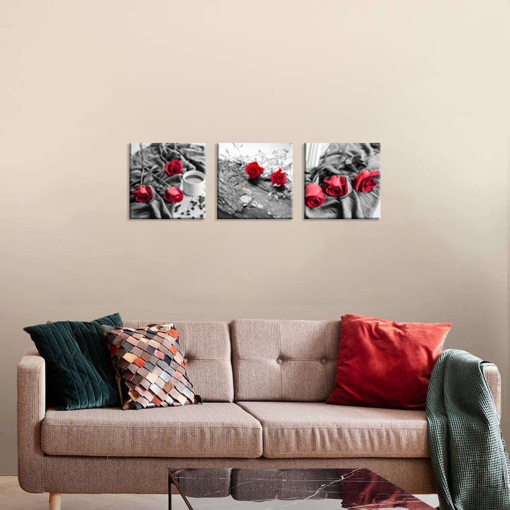 3 Pcs Black White with Red Wall Art Red Rose Wall Decor Coffee Bean Decor Flower Picture on Canvas for Home Decor Valentine's Day Gift Stretched and Framed 12X12inches (12 x 12 inches (3-Piece Set) / B&W Rose)