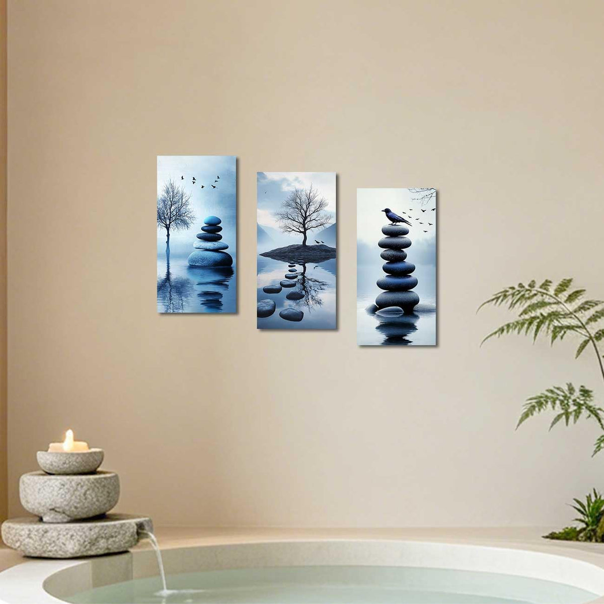 Set of 3 Zen Bathroom Canvas Wall Art Prints Blue Zen Stone & Bird Poster Water Lily with Butterfly Paintings Picture Yoga Meditation Artwork Spa Room Decor (Blue / 20x10inx3 Pieces)