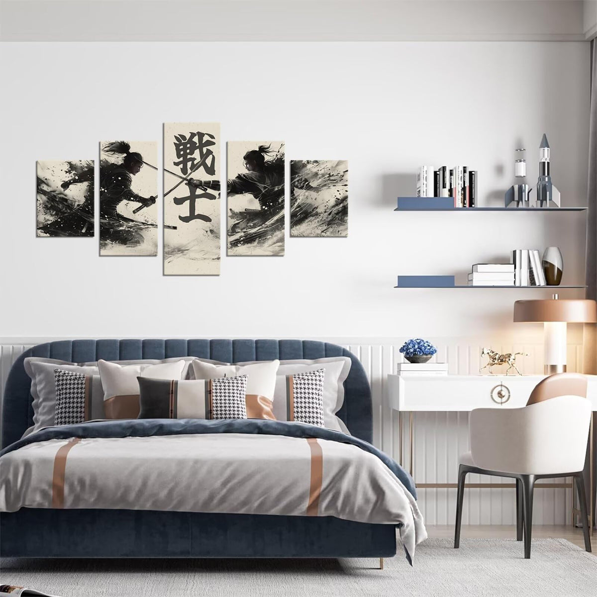 Japanese Samurai Canvas Wall Art Black and White Warrior Figure Painting Modern Home for Office Living Room Decor Minimalism Ancient Character Posters Decorations Artwork Framed (50"Wx24"H / Grey and white)