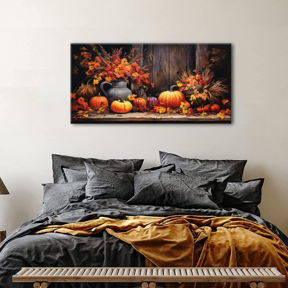 Orange Pumpkin Canvas Wall Art Kitchen Wall Decor Farmhouse Dining Room Pictures Halloween Painting Autumn Flowers Canvas Prints Rustic Fall Harvest Theme Posters Artwork Home Decorations 20x40" (40"L x 20"W / Pumpkin Flower)