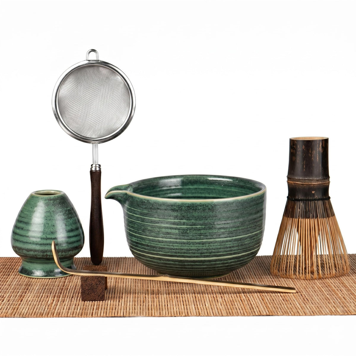 Matcha Set, 7-Piece Matcha Whisk Set with Bowl & 100-Prong Whisk (Dark Green)