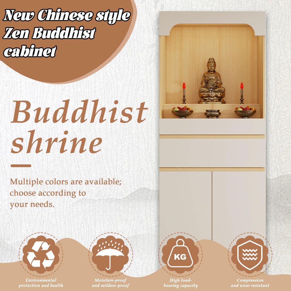 Altar Table Pooja Cabinet with Drawers and Storage Cabinets (27.6×15.7×65.4in / White+white Grain)