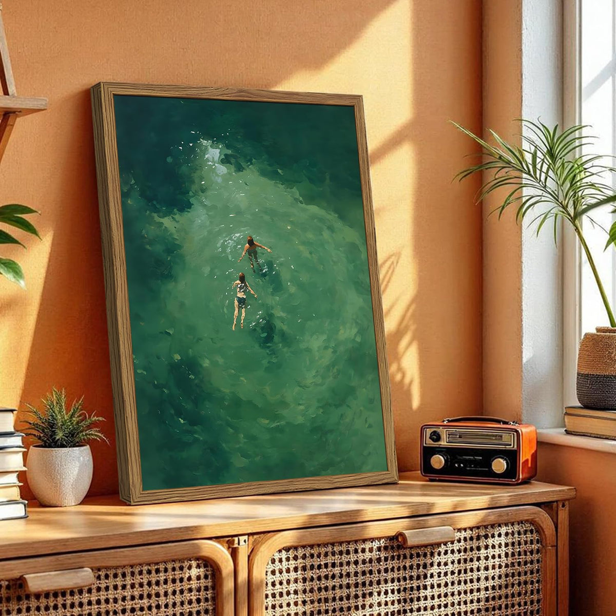 Framed Abstract Ocean Wall Art (Green Swimming / 16"L x 12"W)