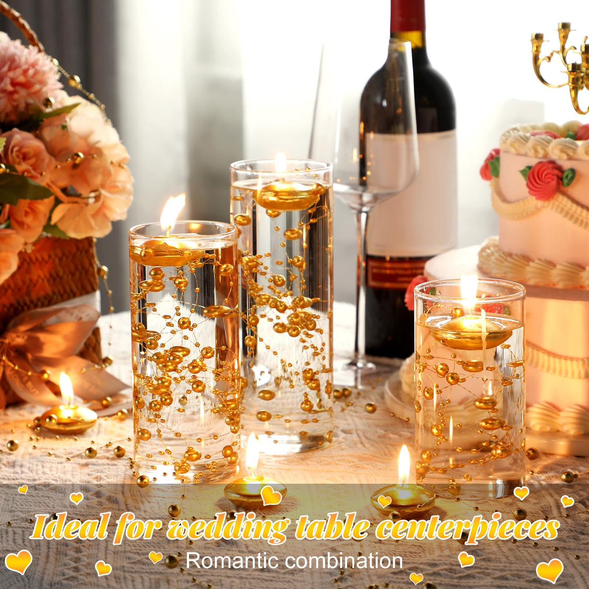 40 Pcs Gold Floating Candles and Pearl String Centerpiece Set (Gold)