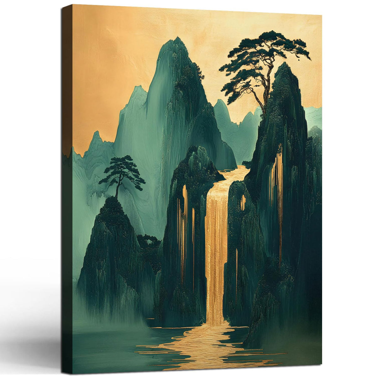 Green Gold Japanese Mountains Waterfall Wall Art 12x16 Inch (Green Gold Mountains / 16"L x 12"W)